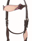 Western Dark Brown Bridle with Pink Buckstitch Horse